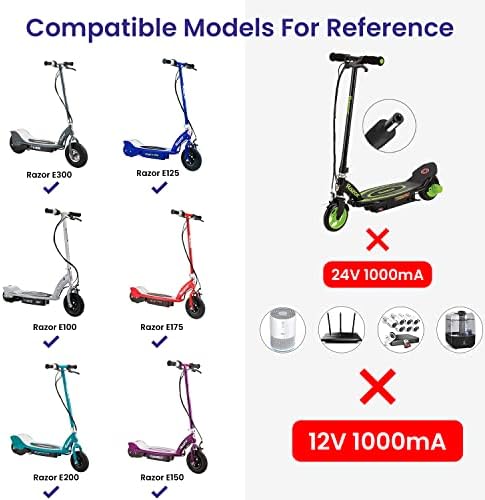 Razor E100 E125 E150 E175 E200 E300 MX350 Electric Scooter Charger 24V 3-Prong Inline Female Battery Power Cord Razor