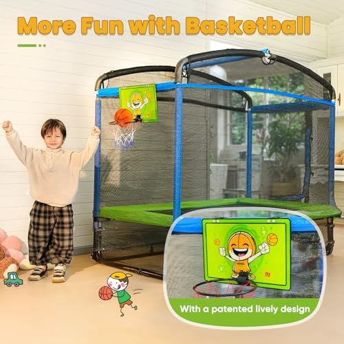 Zupapa 4X6FT Rectangle Trampoline with Hammock Chair for Toddlers Ages 3-6 Indoors Outdoors, Basketball Hoop Safety Net