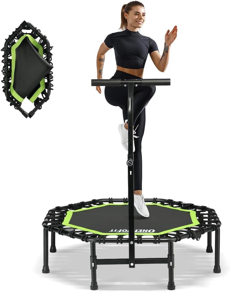 ONETWOFIT Quiet Foldable Mini Trampoline for Adults 42” W/Adjustable Foam Handle Bungees, Perfect for Indoor Workout O