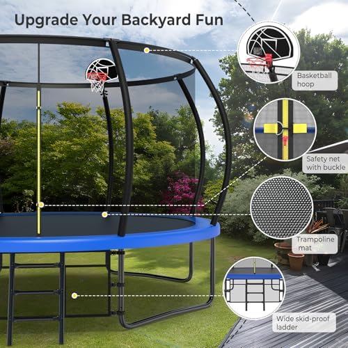 Lyromix 12 14 15 16FT Outdoor Trampolines for Kids and Adults | Lyromix Pumpkin Trampolin with Curved Poles for Kids an