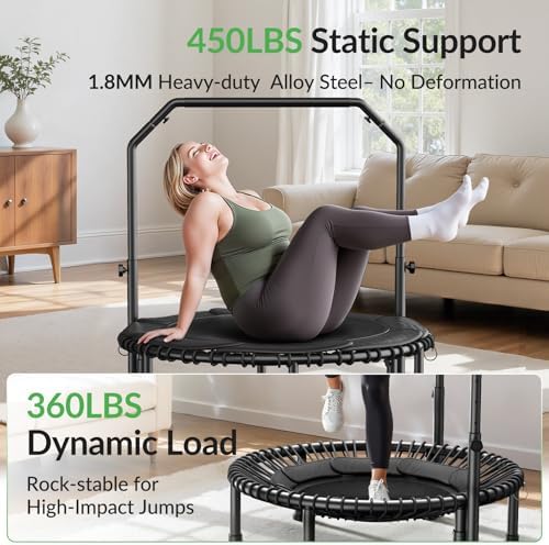 BCAN 40"/48" Mini Rebounder Trampoline for Adults with Bar: Whole-Body Workout & Relaxation at Home, Stable & Quiet, Adj