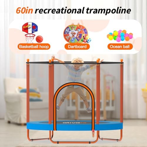 ATIVAFIT 60'' Rebounder Trampoline for Kids Ages 1-8 with Safety Net and Basketball Hoop