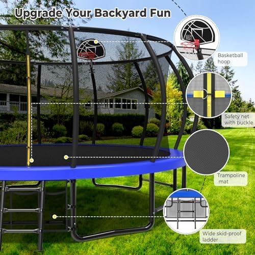 Lyromix 12 14 15 16FT Outdoor Trampolines for Kids and Adults | Lyromix Pumpkin Trampolin with Curved Poles for Kids an