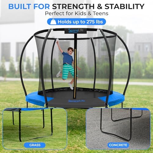 SereneLife 12FT Outdoor Trampoline for Kids and Adults - Recreational Trampoline with Curve Safety Poles and Net Enclosu
