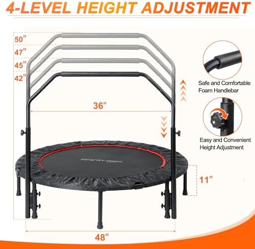 Foldable Mini Trampoline for Adults | Load 330lbs | 40"/48" Rebounder | Durable Bungee Band | Adjustable Foam Handle | H
