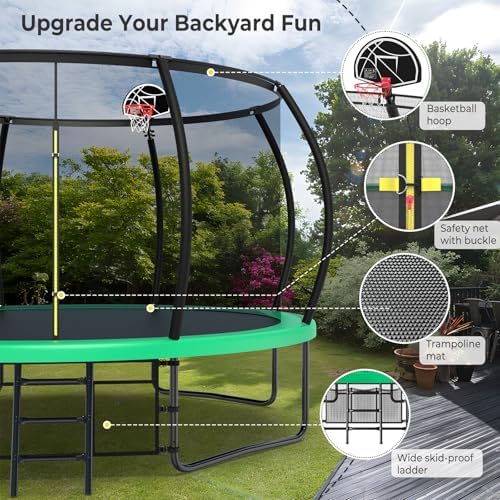 Lyromix 12 14 15 16FT Outdoor Trampolines for Kids and Adults | Lyromix Pumpkin Trampolin with Curved Poles for Kids an