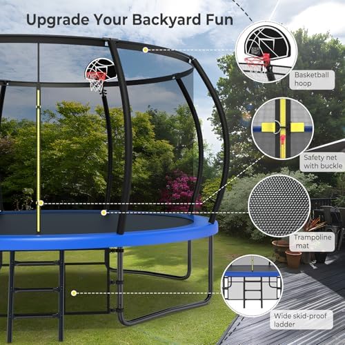 Lyromix 12 14 15 16FT Outdoor Trampolines for Kids and Adults | Lyromix Pumpkin Trampolin with Curved Poles for Kids an
