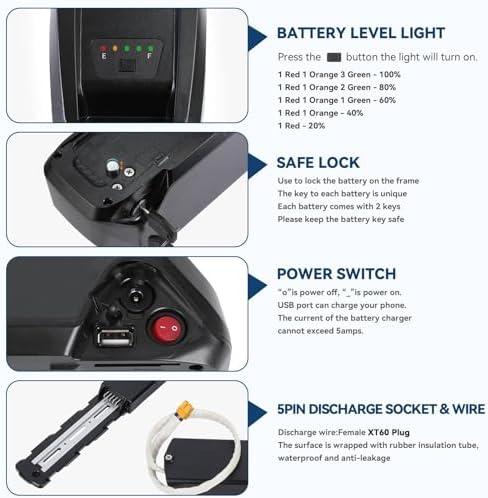 36V 48V 52V Ebike Battery 15Ah 20Ah Lithium Battery for 0-1200W Electric Bike with Fast Charger and BMS, LED Indicator,