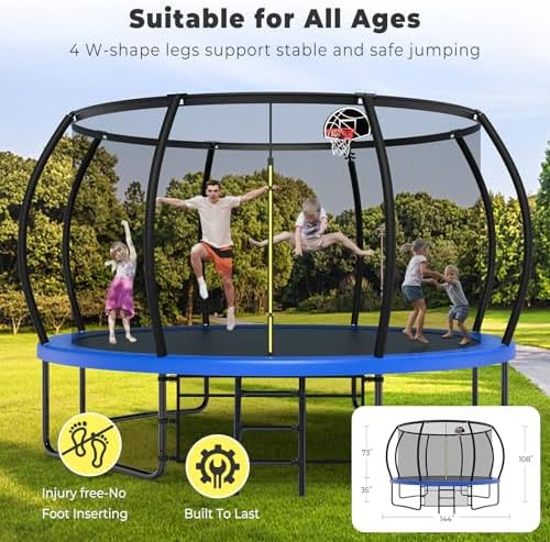 Lyromix 12 14 15 16FT Outdoor Trampolines for Kids and Adults | Lyromix Pumpkin Trampolin with Curved Poles for Kids an