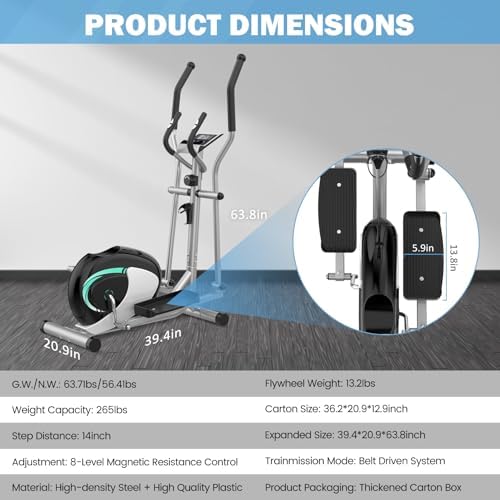 Dripex Magnetic Elliptical Machine Home Workout Quiet Elliptical Trainer 6KG Flywheel 8 Resistance Levels Pulse Monitor