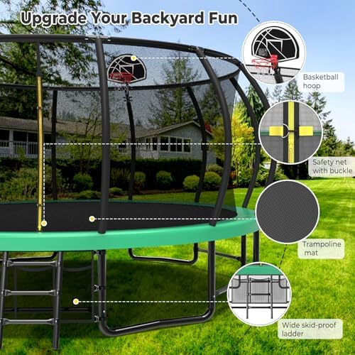 Lyromix 12 14 15 16FT Outdoor Trampolines for Kids and Adults | Lyromix Pumpkin Trampolin with Curved Poles for Kids an