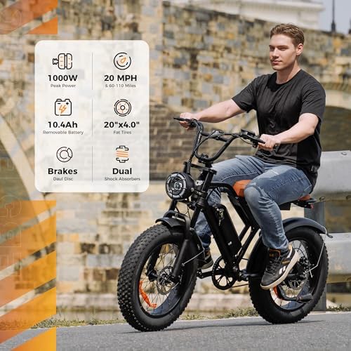 Electric Bike, 1000W/750W/500W Peak Motor, Removable Battery, Shock Absorber, Commuting Electric Bike for Adults, 75/60/