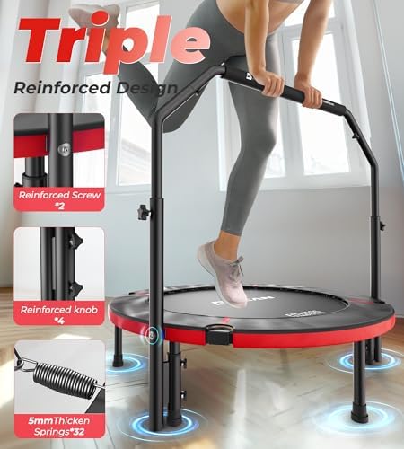 BCAN 40"/48" Foldable Mini Trampoline for Adults Indoor Workout | BCAN U/T Adjustable Foam Handle Rebounder Trampoline