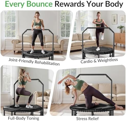 BCAN 40"/48" Mini Rebounder Trampoline for Adults with Bar: Whole-Body Workout & Relaxation at Home, Stable & Quiet, Adj