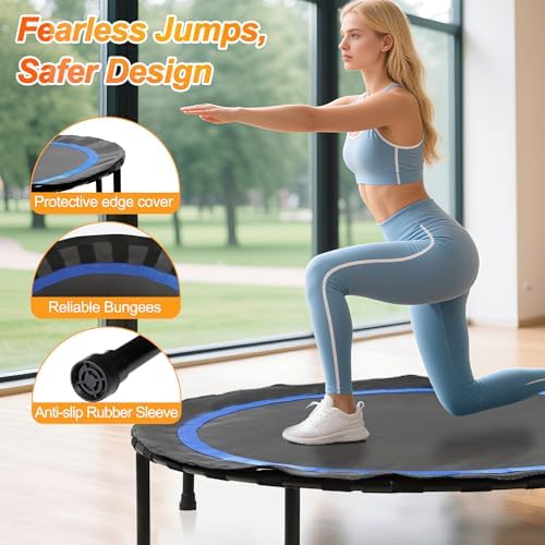 Foldable Mini Trampoline for Adults | Load 330lbs | 40"/48" Rebounder | Durable Bungee Band | Adjustable Foam Handle | H