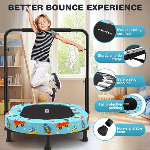 ANCHEER Mini Trampoline for Kids & Toddlers - Indoor/Outdoor Rebounder with Adjustable Handle, 56'' Safe Oval Fitness Tr