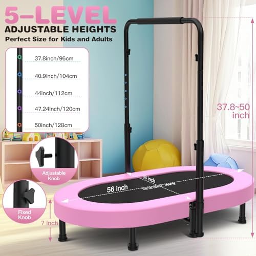 ANCHEER Mini Trampoline for Kids & Toddlers - Indoor/Outdoor Rebounder with Adjustable Handle, 56'' Safe Oval Fitness Tr