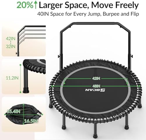 BCAN 40"/48" Mini Rebounder Trampoline for Adults with Bar: Whole-Body Workout & Relaxation at Home, Stable & Quiet, Adj