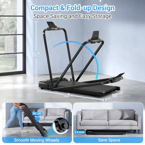 THERUN Walking Pad, |5HP Under Desk Treadmill for Home Workouts, 2 in 1 Foldable Design with Handle Bar, 16" Wide Runnin