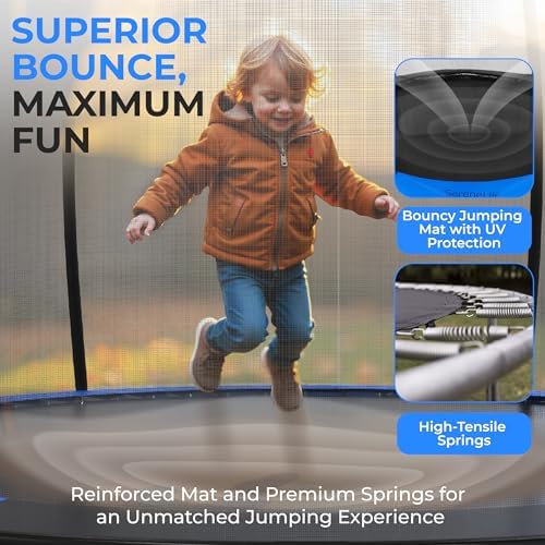 SereneLife 12FT Outdoor Trampoline for Kids and Adults - Recreational Trampoline with Curve Safety Poles and Net Enclosu