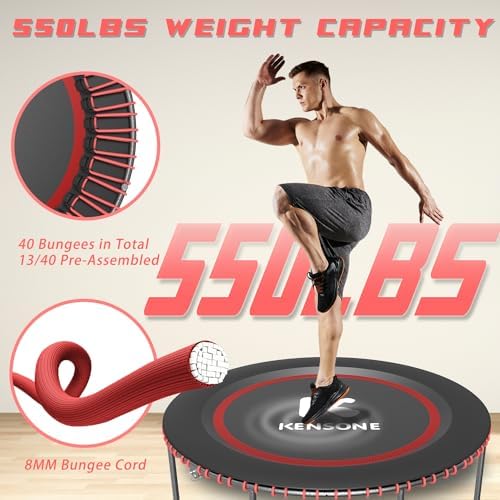 Low-Impact Rebounder Trampoline for Adults with Bungee, 450/550LBS | Quiet Mini Exercise Trampoline with Adjustable U/T