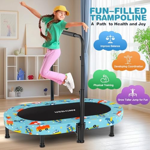 ANCHEER Mini Trampoline for Kids & Toddlers - Indoor/Outdoor Rebounder with Adjustable Handle, 56'' Safe Oval Fitness Tr