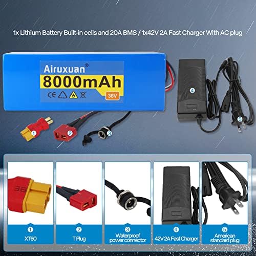 36V Lithium Battery 8Ah T-Plug XT60 Connector BMS Charges 2A for 250-1000W Ebike Kit | 36V Ebike 8Ah Lithium Battery wi