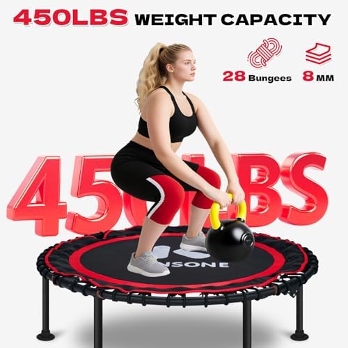 450/550 Lbs Quiet Indoor Mini Trampoline for Adults | Fitness Gym Workout | 40/48" Foldable Rebounder Trampoline with Bu