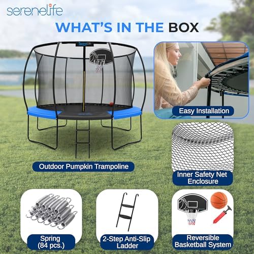 SereneLife 12FT Outdoor Trampoline for Kids and Adults - Recreational Trampoline with Curve Safety Poles and Net Enclosu