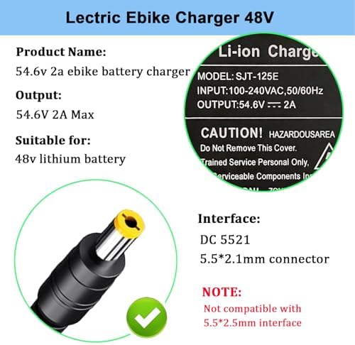 48V Electric Bike Charger for Lectric Ebike, 5|6V 2A Lithium Battery Charger, DC|1 Jack Connector for Electric Bicycles