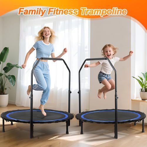 Foldable Mini Trampoline for Adults | Load 330lbs | 40"/48" Rebounder | Durable Bungee Band | Adjustable Foam Handle | H