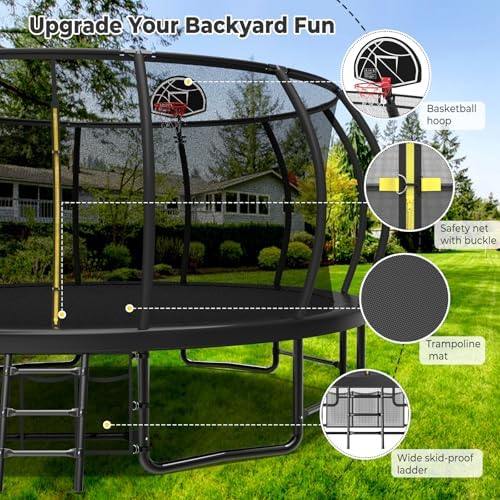 Lyromix 12 14 15 16FT Outdoor Trampolines for Kids and Adults | Lyromix Pumpkin Trampolin with Curved Poles for Kids an