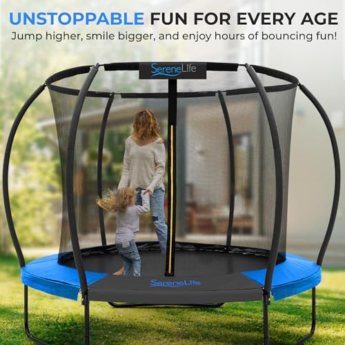 SereneLife 12FT Outdoor Trampoline for Kids and Adults - Recreational Trampoline with Curve Safety Poles and Net Enclosu