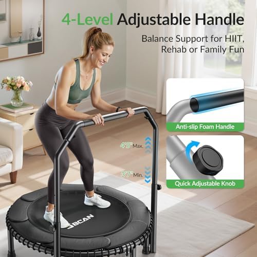 BCAN 40"/48" Mini Rebounder Trampoline for Adults with Bar: Whole-Body Workout & Relaxation at Home, Stable & Quiet, Adj