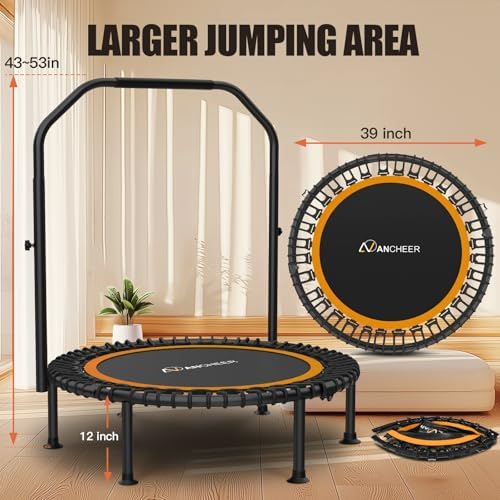 Ancheer Bungee Rebounder Trampoline, Foldable Fitness Trampoline with Resistance Ropes, 450-550LBS Capacity, Safe for Ho