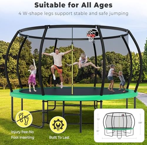 Lyromix 12 14 15 16FT Outdoor Trampolines for Kids and Adults | Lyromix Pumpkin Trampolin with Curved Poles for Kids an
