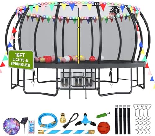 Lyromix 12-16FT Trampoline with Basketball Hoop and Lights for Kids and Adults | Lyromix Recreational Trampoline with S