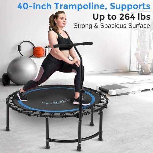 SereneLife 40" Trampoline - In-Home Cardio Fitness Rebounder for Adults, Adjustable T-Bar Handle, Silent Heavy Duty Bung