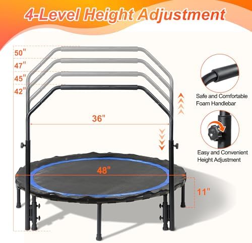Foldable Mini Trampoline for Adults | Load 330lbs | 40"/48" Rebounder | Durable Bungee Band | Adjustable Foam Handle | H
