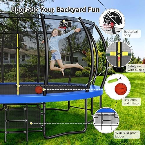 Lyromix 12-16FT Trampoline with Basketball Hoop and Lights for Kids and Adults | Lyromix Recreational Trampoline with S